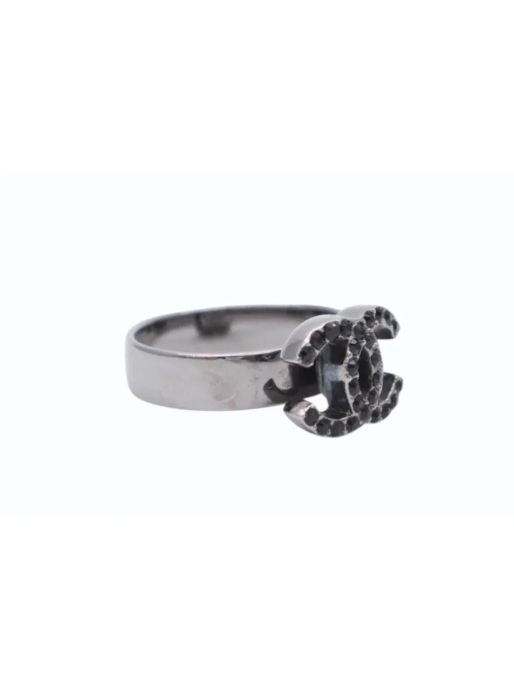 Chanel CC Logo Ring Rhinestone Metal Silver Black